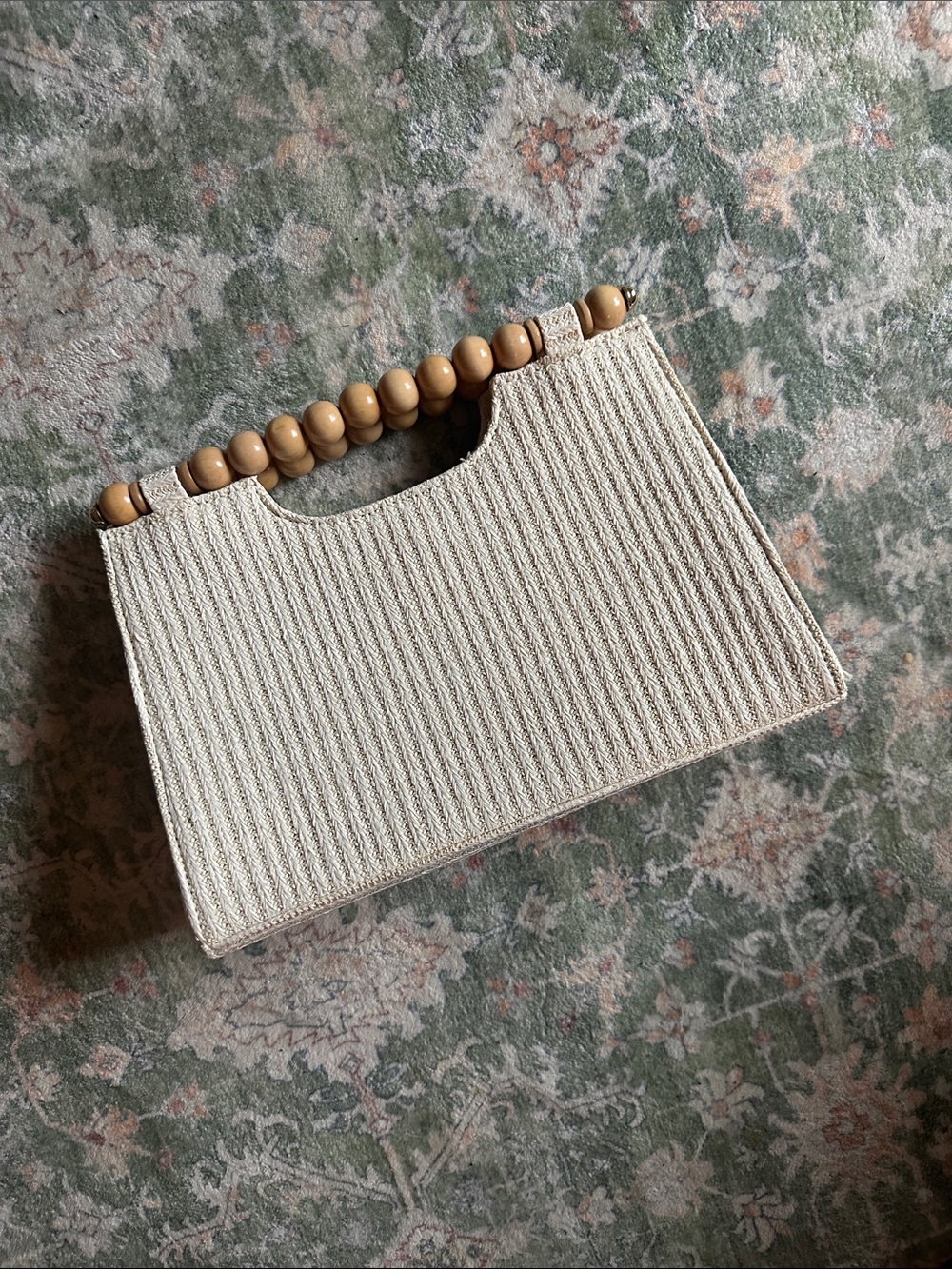 Beaded Handle Cream Woven Women's Handbag